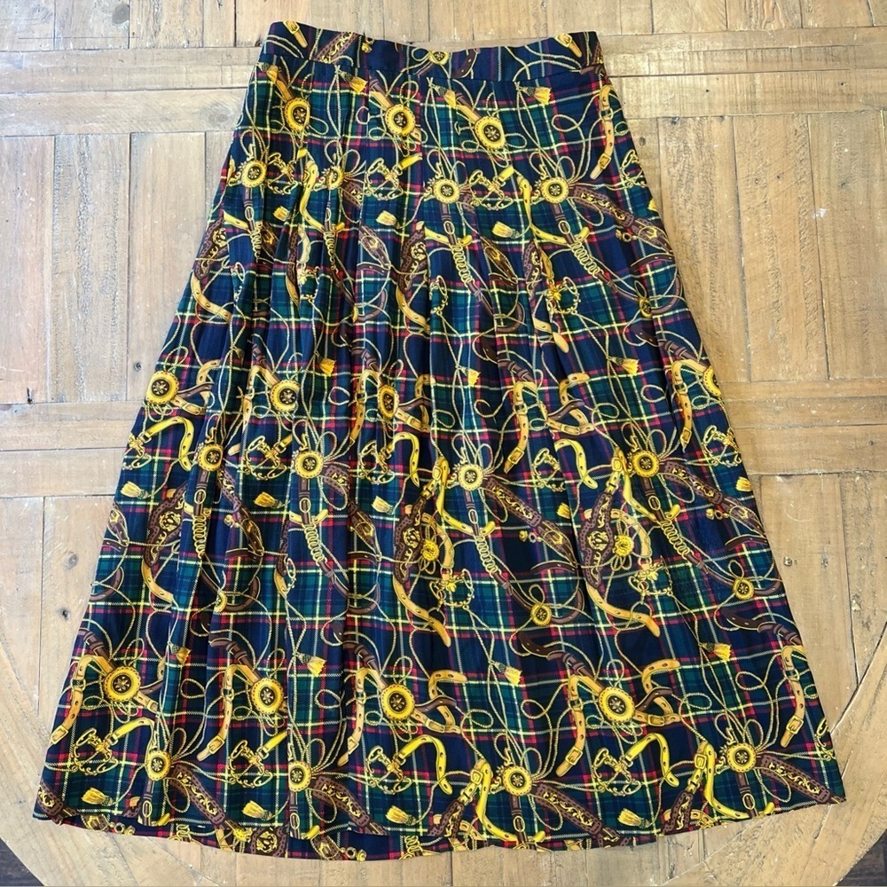 Vintage USA Horse Bit Pleated Midii Skirt Women’s 14 Plaid Preppy Old Money 90s